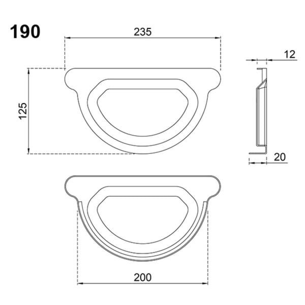 Technische tekening van het rinnenendstuk met afmetingen 190, 125, 235, 200 en 12 mm