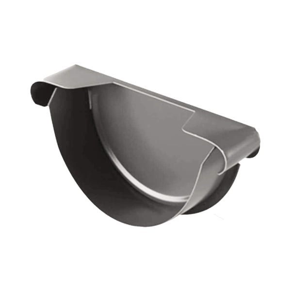 Rinnenendstuk van staal, zilver-metallic (RAL 9006) met 50 5m polyurethaan coating, binnenaanzicht