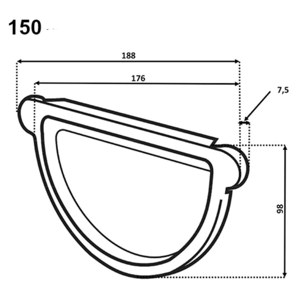 Technische tekening dakgoot eindstuk met afmetingen 188 mm, 176 mm, 98 mm en 7,5 mm