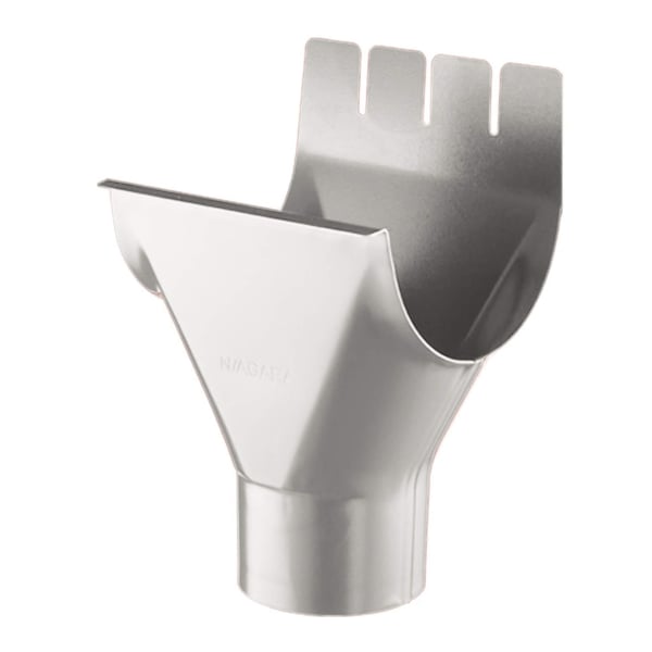 Rinnenuitloop van staal, grijs aluminiumkleurig (RAL9007) met Niagara-logo, voor dakgootmontage