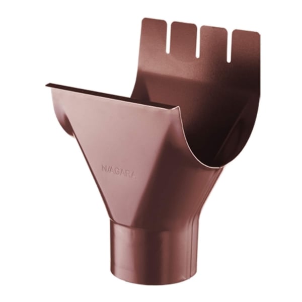 Rinnenuitloop van staal in chocoladebruin (RAL 8017) met Niagara logo, vooraanzicht