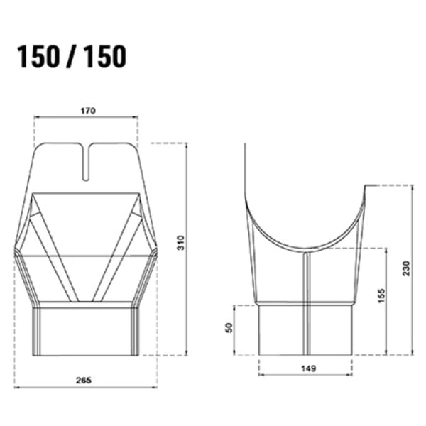Technische tekening van de rinnenablauf met afmetingen 150/150