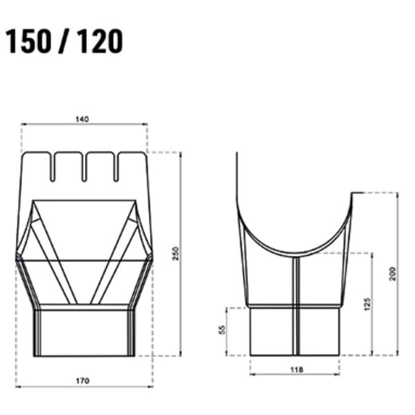 Technische tekening van de gootuitloop met afmetingen 150/120, voor- en zijaanzicht
