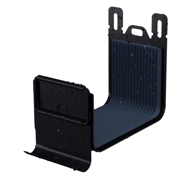 Dakgootverbinder gitzwart (RAL 9005) van staal met blauwe rubberen afdichting en waterdruppels