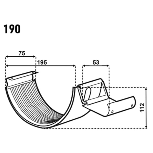 Technische tekening van de dakgootverbinder met afmetingen 190, 75, 195, 53 en 112 mm