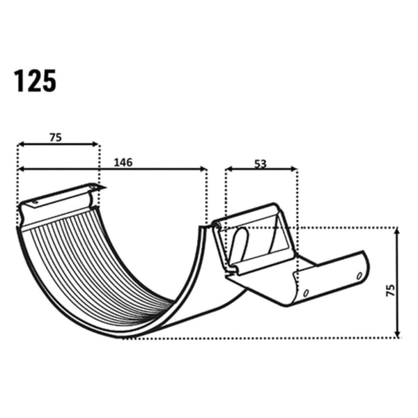 Technische tekening dakgootverbinder verzinkt met afmetingen 125, 75, 146 en 53 mm