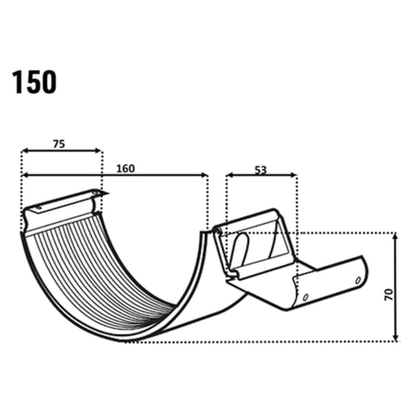Technische tekening dakgootverbinder verzinkt met afmetingen 150, 75, 160, 53, 70 mm
