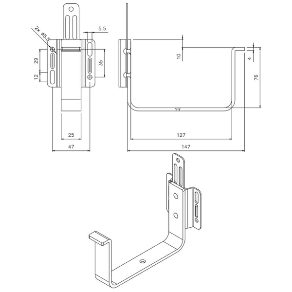 Technische tekening van de console dakgootbeugel met afmetingen en aanzichten