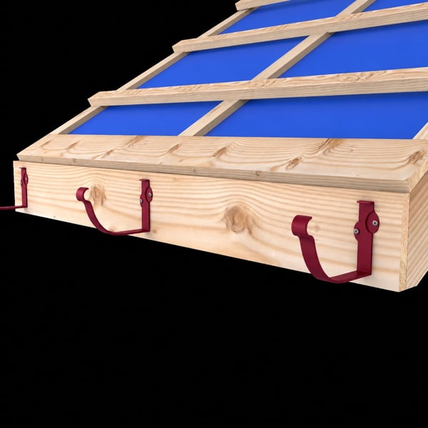Kersrode konsolgoothouders gemonteerd op een houten dakrandconstructie met blauwe folie