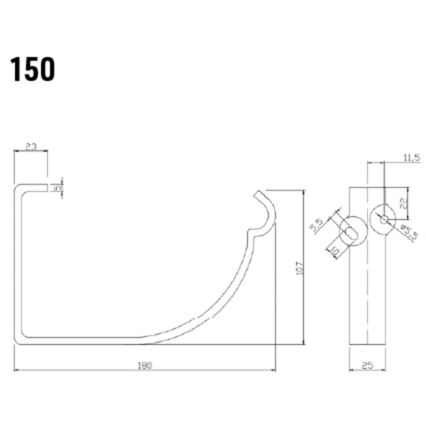 Technische tekening gootbeugel met afmetingen en boorgatdetails, maat 150