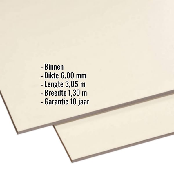 HPL plaat 6 mm beige, met ingebedde gegevens over dikte, lengte, breedte en garantie