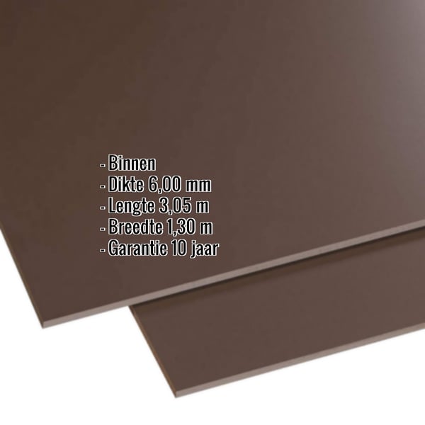 HPL plaat 6 mm, bruin, met ingebouwde specificaties voor dikte, lengte, breedte en garantie