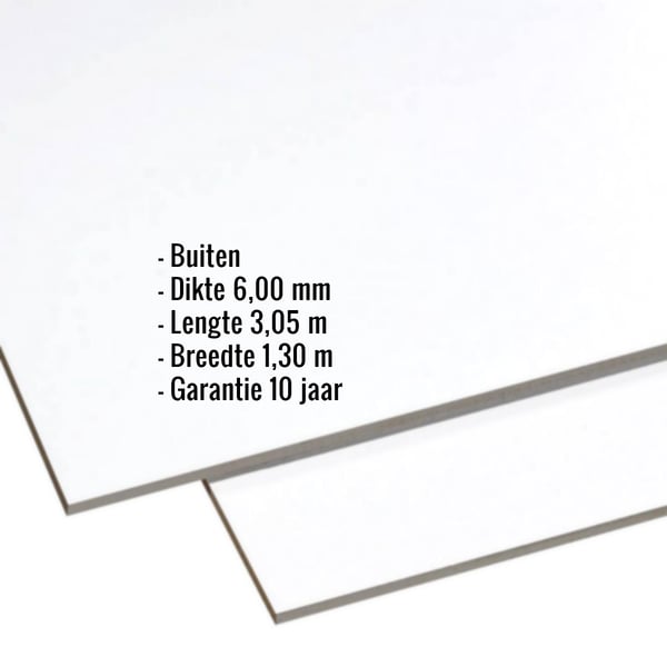 HPL plaat 6 mm, lichtgrijs, met ingebouwde gegevens over dikte, lengte, breedte en garantie