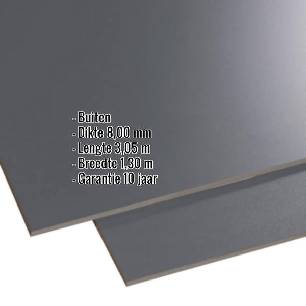 HPL plaat 8 mm Antracietgrijs met ingebedde specificaties voor dikte, lengte, breedte en garantie