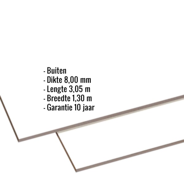 HPL plaat 8 mm Zuiverwit, kerngegevens weergegeven: Buiten, Dikte 8,00 mm, Lengte 3,05 m, Breedte 1,30 m, Garantie 10 jaar