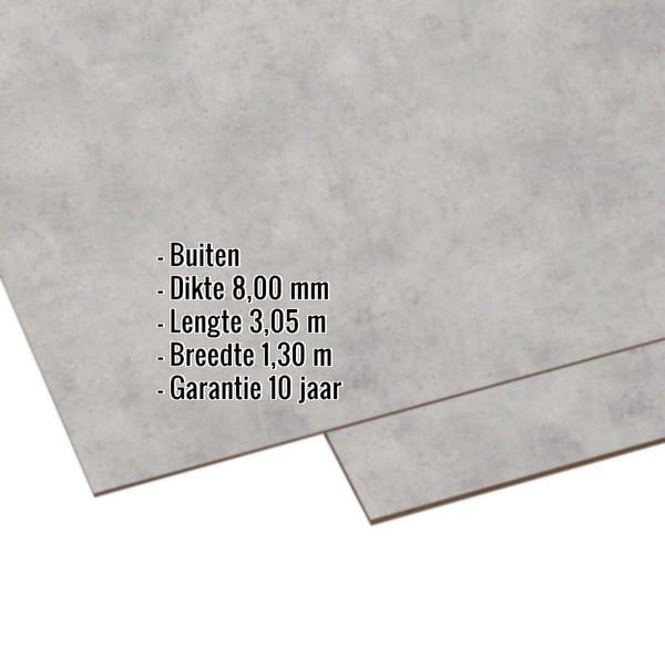 HPL plaat 8 mm betonlook, Scobalit, met ingebouwde gegevens over dikte, lengte, breedte en garantie