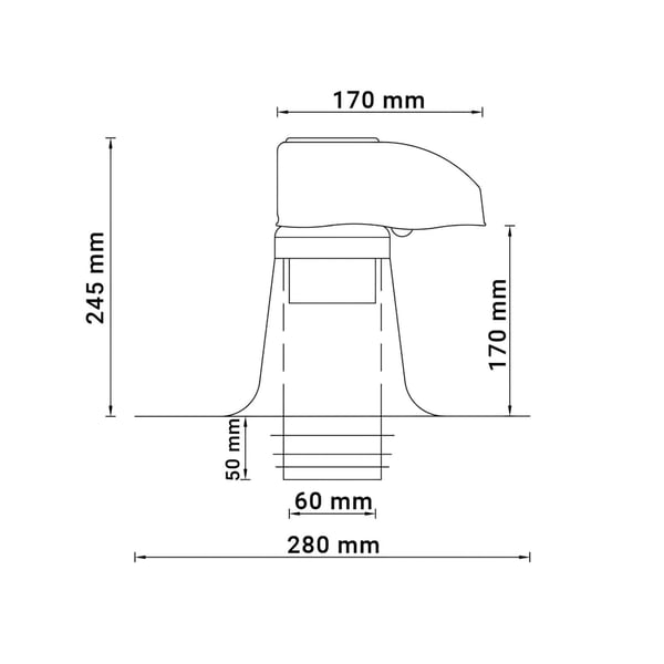 Technische tekening van de kabeldoorvoer DACHPROTECT met afmetingen 245 mm, 280 mm, 170 mm, 60 mm, 50 mm
