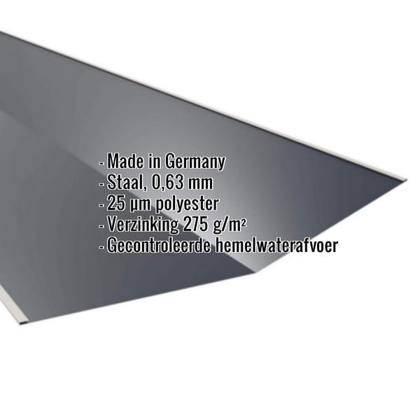 Kilgoot antracietgrijs, 0,63 mm staal, 25 µm polyestercoating, met ingebedde productgegevens