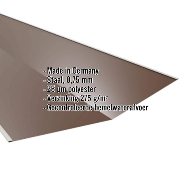 Kilgootplaat Notenbruin RAL 8011, 0,75 mm staal met 25 µm polyestercoating, specificaties getoond