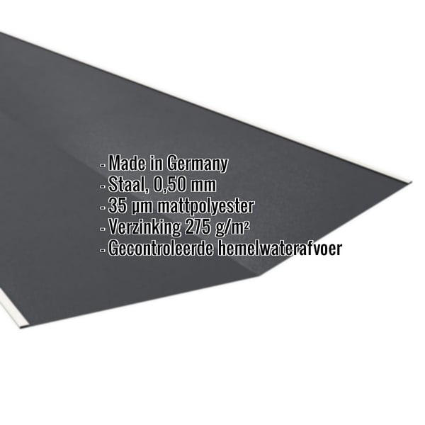 Kilgoot donkergrijs matpolyester met ingebedde productgegevens over materiaal, dikte en coating