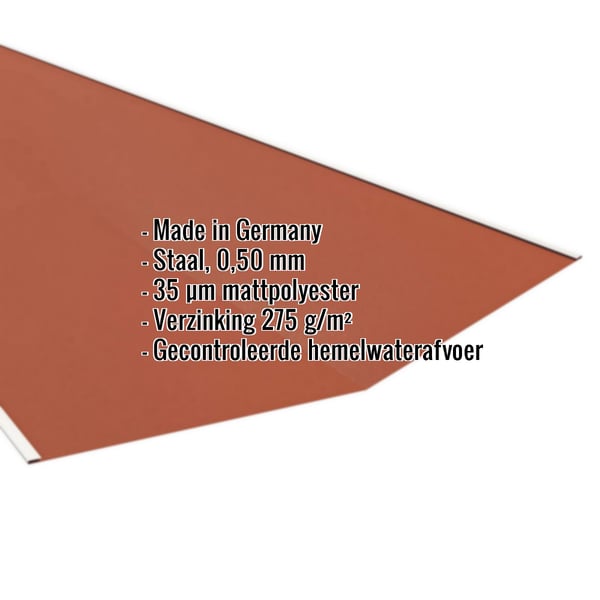 Kilgootplaat Terracotta 0,50 mm met matpolyester coating, productgegevens getoond