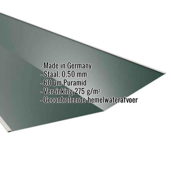 Kilgootplaat mosgroen RAL 6005, 0,50 mm staal, 60 µm Puramid coating, met weergegeven productdetails