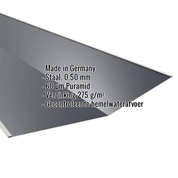 Kilgoot Antracietgrijs (RAL 7016) van staal 0,50 mm met Puramid coating, specificaties getoond
