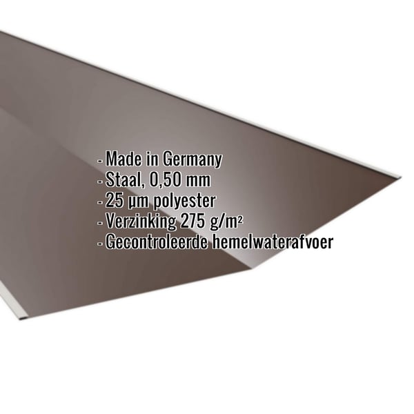 Kilgootplaat Sepiabruin RAL 8014, 0,50 mm staal met 25 µm polyestercoating, specificaties getoond