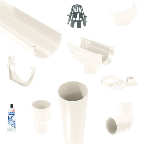 Kunststof dakgoten voordeelpakket, alle witte PVC-onderdelen en accessoires zoals buizen, bochten, beugels en lijm