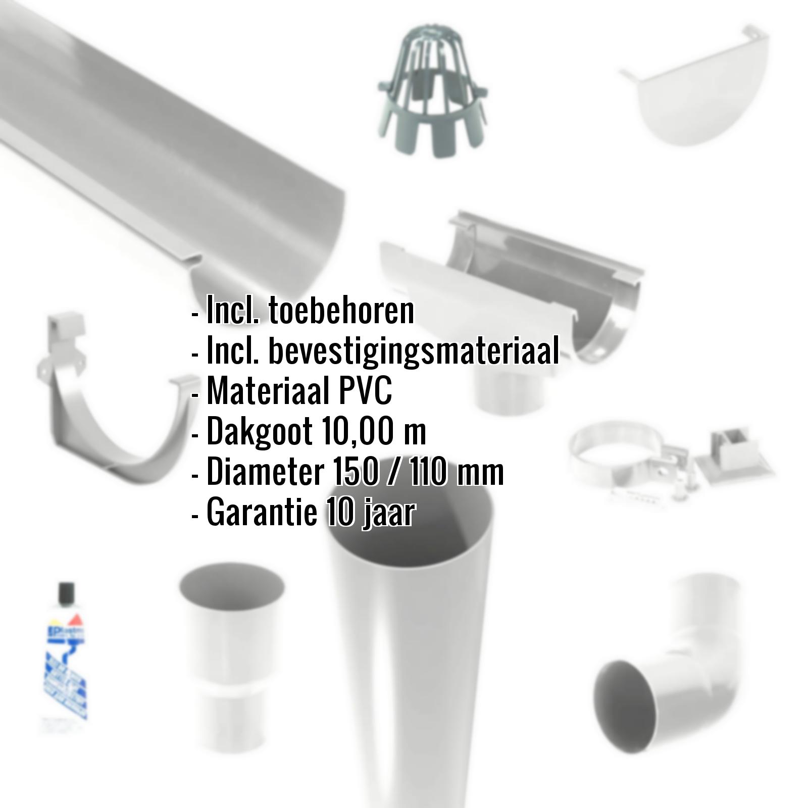 Kunststof dakgoot voordeelpakket met accessoires, materiaal PVC, dakgoot 10m, diameter 150/110mm, infografiek