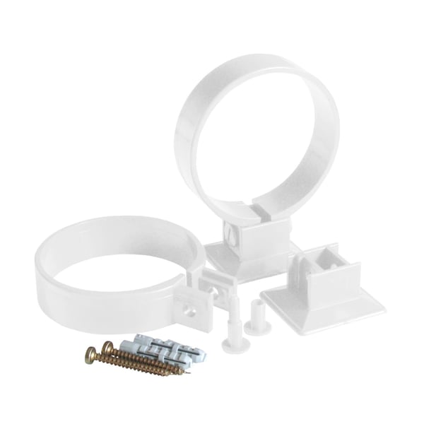 Set van witte PVC regenpijpbeugels van Plastmo met schroeven en pluggen, voor bevestiging van de regenpijp