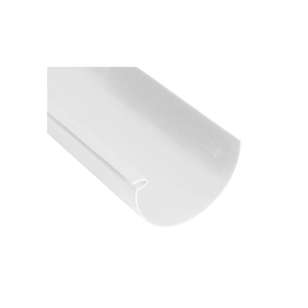 Detailaanzicht van een witte PVC dakgoot, halfronde vorm met lichte kraal aan de voorkant