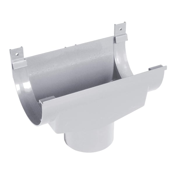 Grijs PVC gootstuk met afvoer van Plastmo, vrijstaand op witte achtergrond