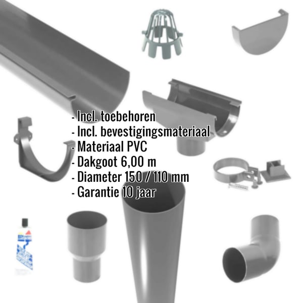 Dakgoot voordeelpakket Grafiet PVC, diverse componenten en productdetails getoond