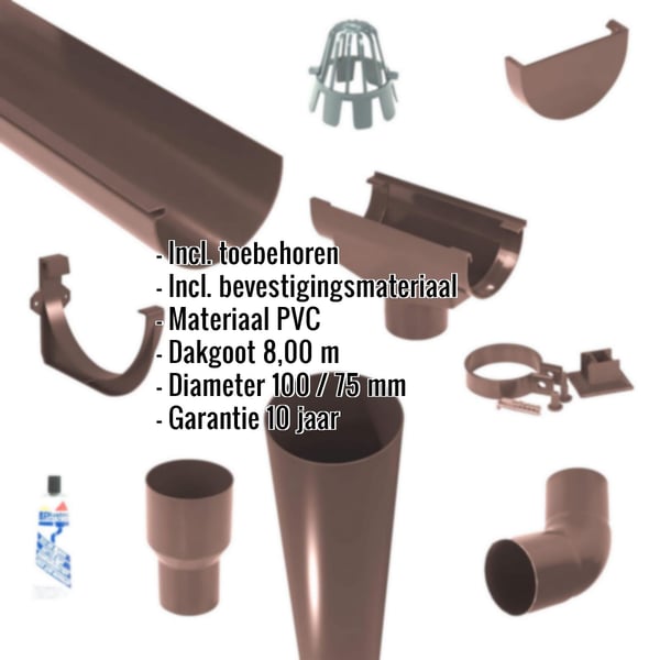 Plastmo PVC dakgoten voordeelpakket in bruin, diverse componenten met ingebouwde specificaties