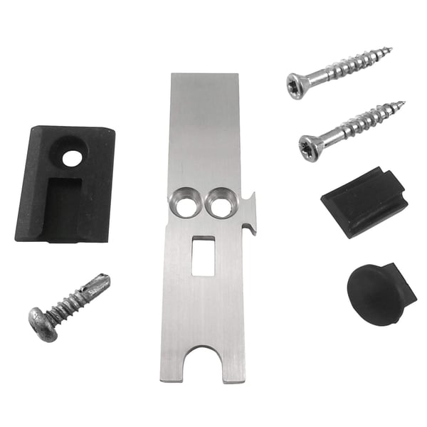 Meenemer van blank aluminium met schroeven en zwarte rubberen onderdelen, setoverzicht