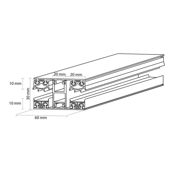 Mendiger middenprofiel 10 mm Thermo/Classic, technische tekening met afmetingen 10 mm, 20 mm, 30 mm, 60 mm