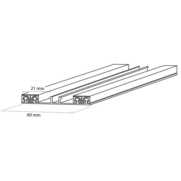 Technische tekening Mendiger onderprofiel met afmetingen 21 mm hoogte en 60 mm breedte
