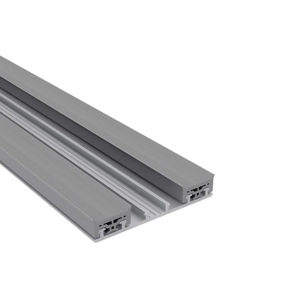 Mendiger onderprofiel van blank aluminium, bovenaanzicht met twee parallelle profielrails en bevestigingsgroeven
