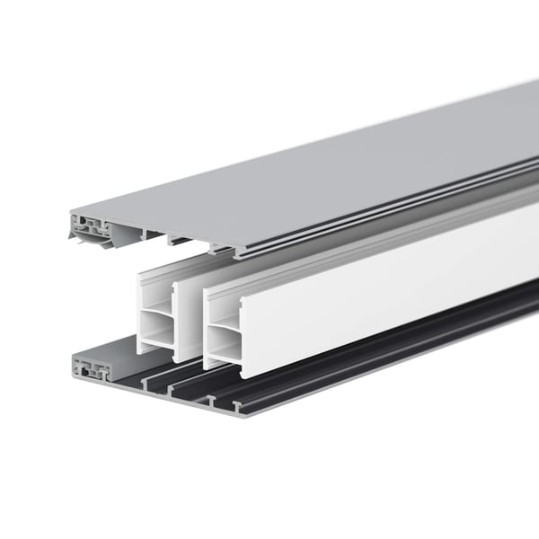 Mendiger randprofiel 10 mm, blank, gedemonteerd in aluminium en kunststof onderdelen, schuin van boven