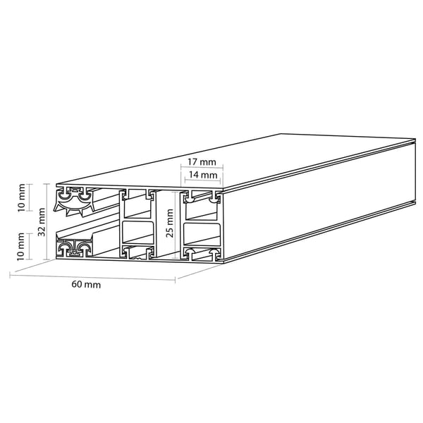 Technische tekening Mendiger randprofiel 10 mm met afmetingen 10 mm, 14 mm, 17 mm, 25 mm, 32 mm, 60 mm