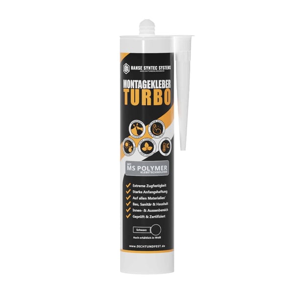 Montagelijm Turbo koker, zwart, met witte belettering en productkenmerken als infografiek