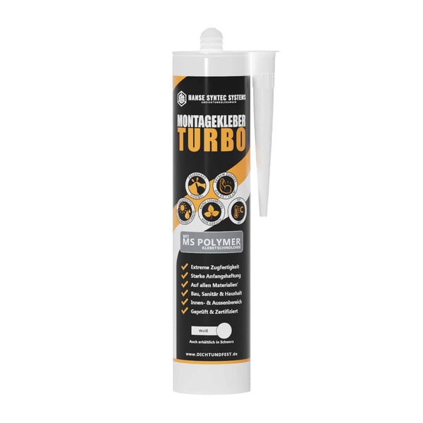 Montagelijm Turbo wit, koker met zwart etiket en witte tekst, ingebedde eigenschappen