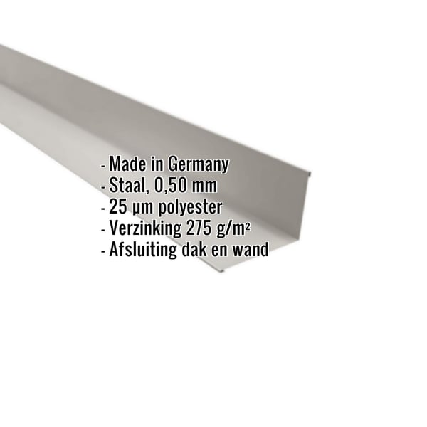 Wandafwerking lichtgrijs RAL 7035 met ingebedde gegevens over materiaal, dikte en coating