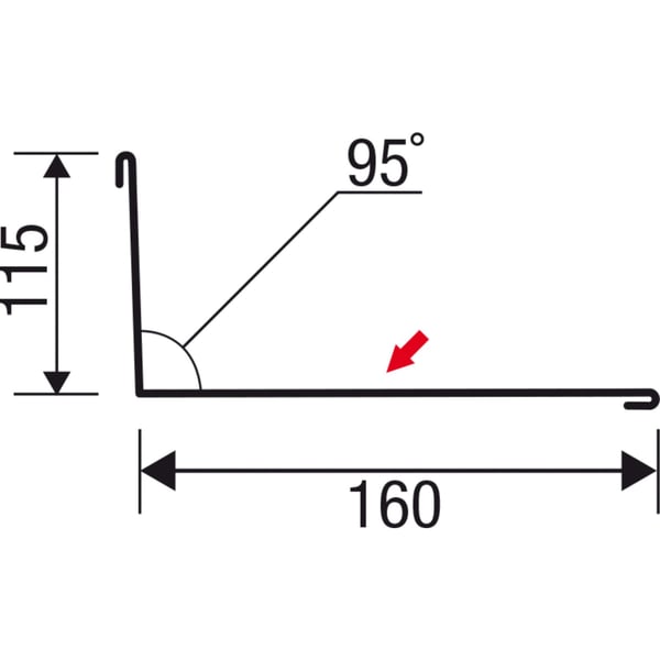 Technische tekening van de wandafwerking met afmetingen 160 mm, 115 mm en een hoek van 95°