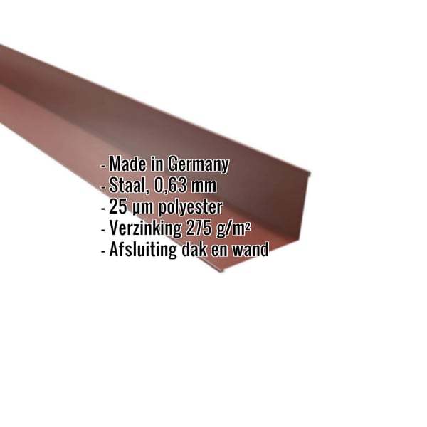 Wandaansluiting van roodbruin staal, 0,63 mm, met polyestercoating, productgegevens getoond