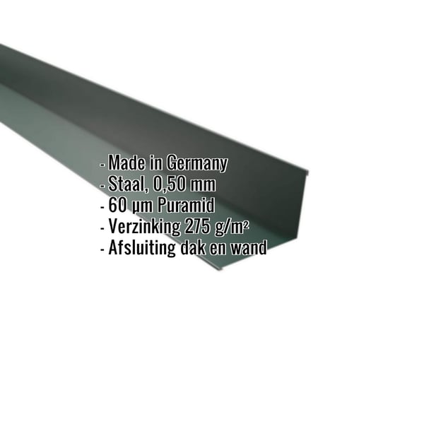 Wandafwerking mosgroen (RAL 6005) van staal, 0,50 mm, met Puramid-coating, kenmerken weergegeven