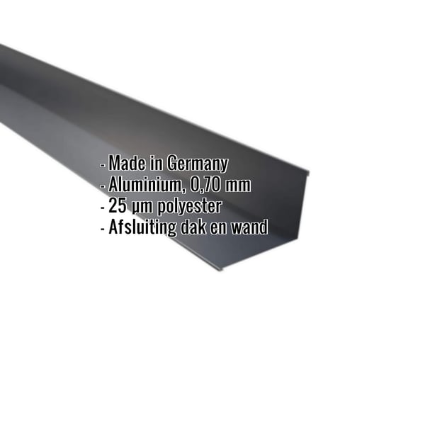 Wandafwerking aluminium 0,70 mm antracietgrijs, met ingebedde productgegevens over materiaal en coating