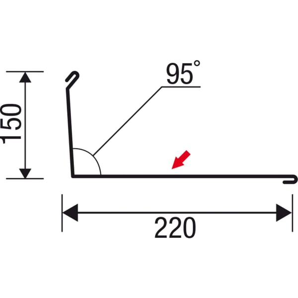 Technische tekening van de wandafsluiting met afmetingen 150 mm, 220 mm en 95 graden hoek