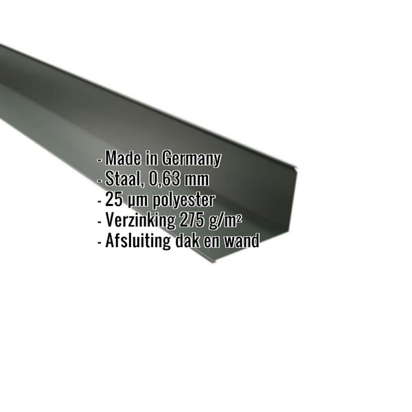 Muurafdekker Chroomoxydegroen, 0,63 mm staal, 25 µm polyestercoating, specificaties weergegeven